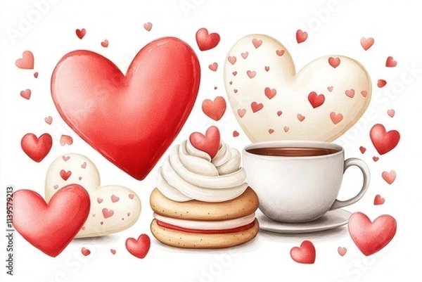 Fototapeta Romantic watercolor concept of heart-shaped biscuit and tea for Valentine's Day. Valentine-themed cookies and coffee with hearts and decorations