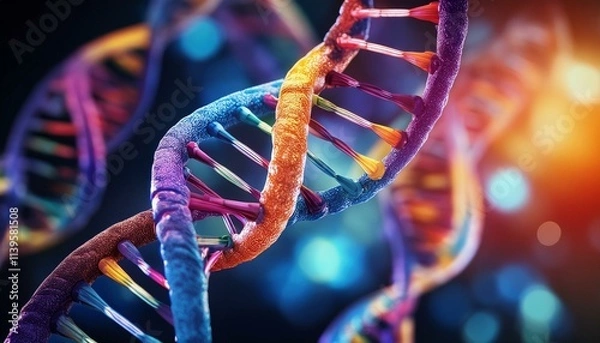 Fototapeta Vibrant DNA strands intertwine, a colorful close-up.