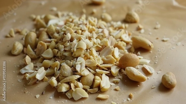 Fototapeta Close-up of chopped peanuts on parchment paper.
