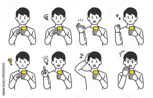 Obraz スマホを見ながらいろいろな表情･ポーズをする若い男性のセット【人物ベクターイラスト素材】