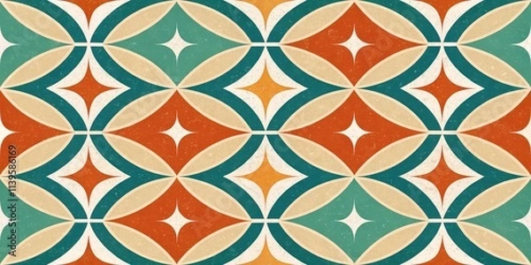 Fototapeta Retro Geometric Tile Pattern Seamless Design with Teal, Orange, and Beige Tones