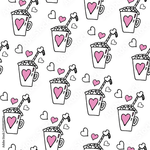 Fototapeta Seamless pattern with mugs of hot drink with hearts, marshmallows and straw in doodle style
