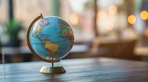 Fototapeta Global Perspective: A classic desk globe sits on a wooden table, bathed in soft, natural light, symbolizing exploration, travel, and global connections.  