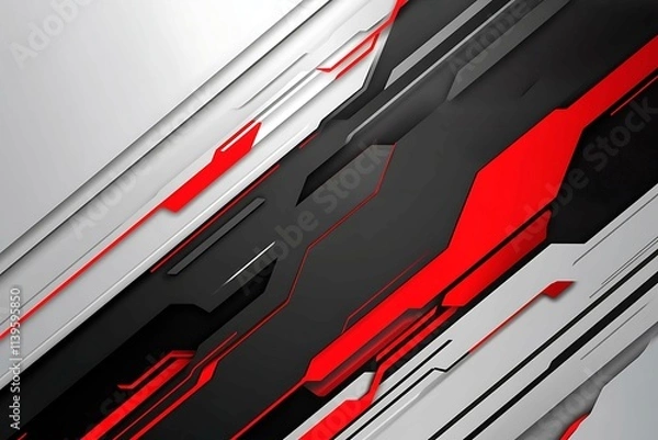 Fototapeta Dynamic technology-inspired abstract background with sharp red, black, and silver lines, creating a sleek and futuristic digital design.