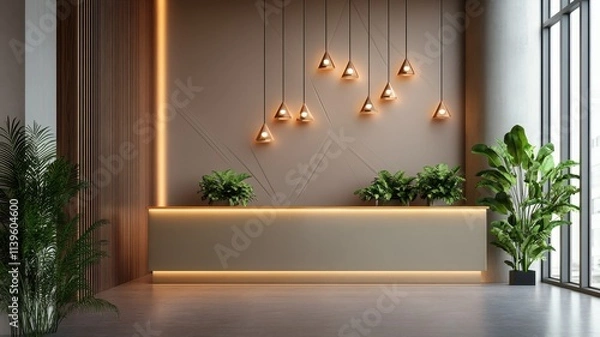 Fototapeta Sleek reception area showcasing modern geometric wall design for a contemporary business environment.