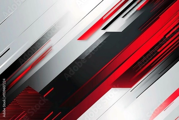 Fototapeta Dynamic technology-inspired abstract background with sharp red, black, and silver lines, creating a sleek and futuristic digital design.