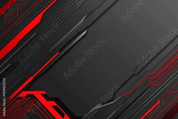 Fototapeta Dynamic technology-inspired abstract background with sharp red, black, and silver lines, creating a sleek and futuristic digital design.