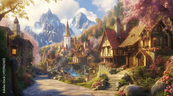 Fototapeta 城と森、ゲームの世界のような幻想的なイメージイラスト,空想,創造,ファンタジー,