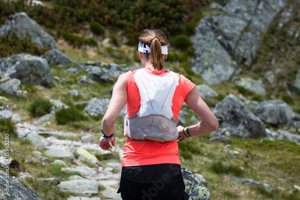 Obraz ultra trail runner woman with backpack training running in high mountains terrain