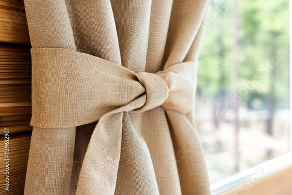 Obraz Elegant beige curtain tied with a simple knot