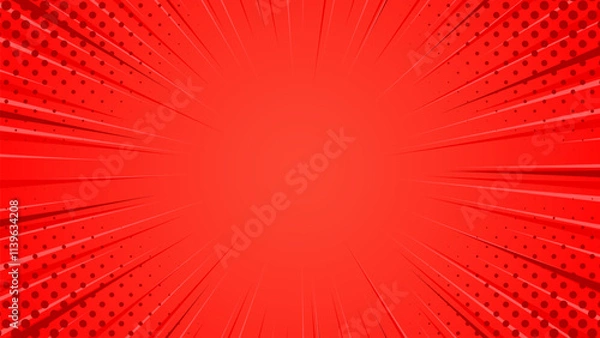 Obraz Red pop art comic sunburst effect background with halftone. Comic cartoon abstract vector background. Suitable for templates, sales banners, events, ads, web, and pages