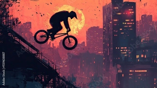 Fototapeta Urban BMX Sunset Silhouette: A daring cyclist leaps over a cityscape at sunset, creating a dramatic silhouette against the vibrant orange sky.