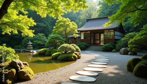Fototapeta Serenity in a Lush Japanese Garden with Tranquil Pond and Traditional Architecture