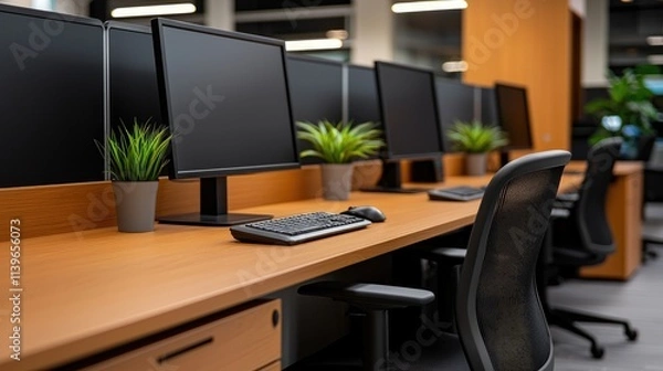 Fototapeta Modern office workspace setup with monitors indoor environment desk arrangement professional viewpoint