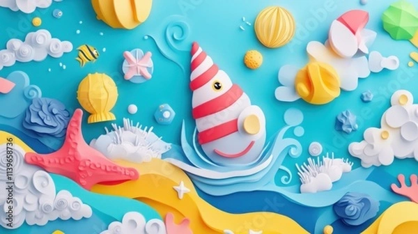 Fototapeta Whimsical Underwater Scene: A Paper Craft Ocean Adventure