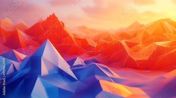 Fototapeta Low-Poly Mountain Range at Sunset: A Digital Landscape Illustration. AI Generated