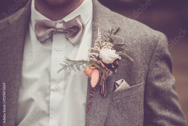 Obraz A close up of the grooms buttonhole flower on his wedding day