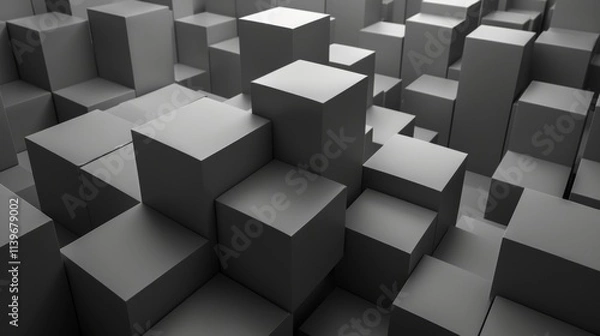 Obraz Abstract 3D rendering of grayscale cubes, varying in size and height, creating a textured, dynamic surface.