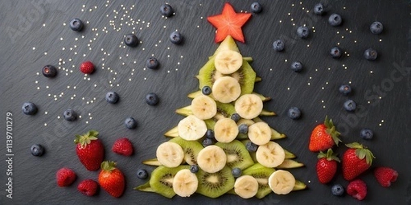 Obraz Christmas Tree Shape Made from Fresh Fruits on Dark Background