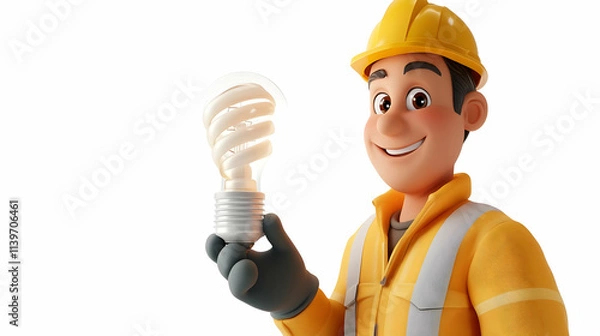 Fototapeta Smiling Cartoon Electrician 3D Render Holding Energy Efficient Bulb