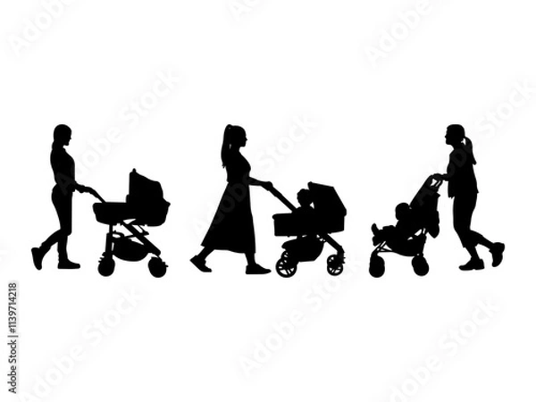 Fototapeta Set of Mother Pushing Stroller Silhouette in various poses isolated on white background