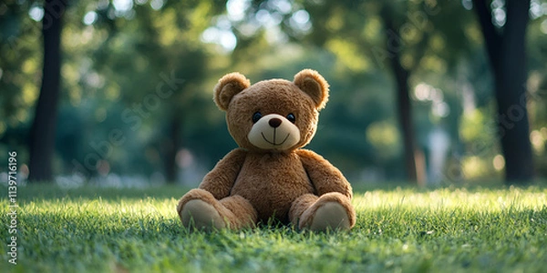 Fototapeta A teddy bear sits in the grass in front of a field of flowers.
