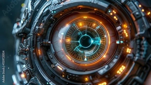 Fototapeta Futuristic robotic eye with glowing circuits and intricate details.