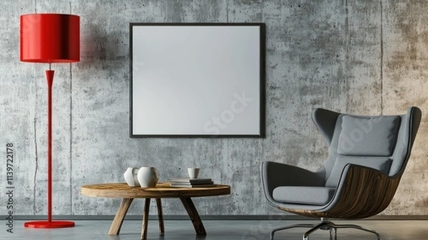 Fototapeta Red lamp and grey armchair with wooden table set against a concrete wall and blank poster.