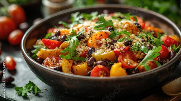 Obraz A healthy lunch of stuffed bell peppers with quinoa, black beans, and melted cheese