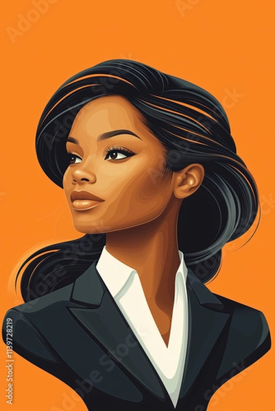 Fototapeta Illustration of a black woman in a suit, with sleek hair and a confident gaze