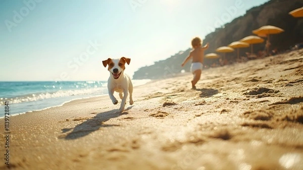 Obraz dog and boy walking on the beach