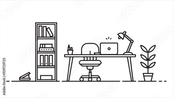 Obraz Modern office workplace. A minimalist black and white vector illustration of an office setup, office desk.