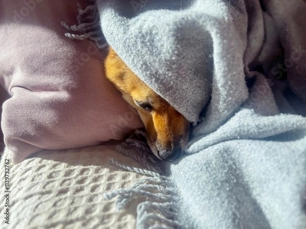 Fototapeta Pensive Shiba Inu with a sorrowful expression, head nestled under a blanket. The mood is reflective and contemplative. High quality close-up photo. copy space available.