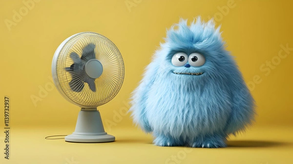 Fototapeta Fluffy Monster 3D Render Cooling Off with Fan