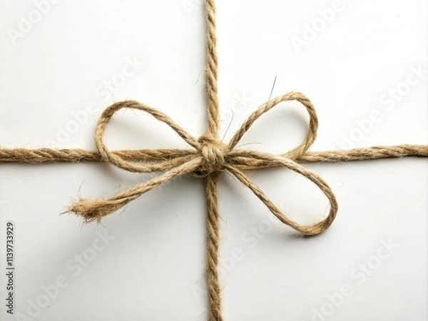 Fototapeta Jute twine rope bow isolated on a white background, ideal for gift wrapping and packaging decor, enhancing parcel presentation and adding creative embellishments to boxes.