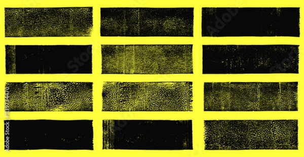 Fototapeta Linocut vector relief printing rectangle shapes, wide stripes rough textures collection. Artistic linocutting textured backgrounds set. Paint roller stains, lino ink grungy geometric text box template