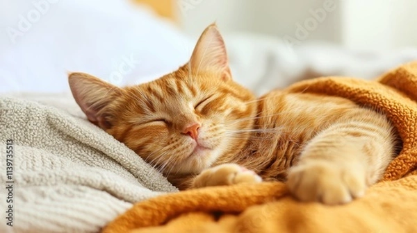 Fototapeta Relaxed Ginger Cat Sleeping Comfortably on Cozy Blanket in Sunlit Room