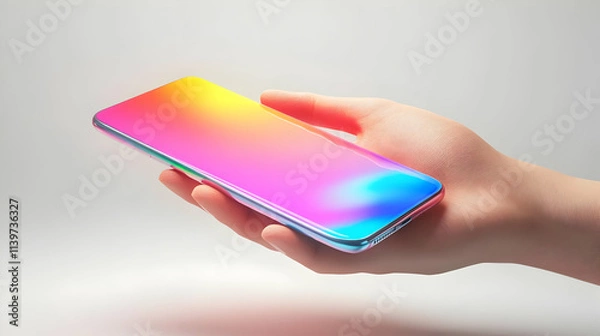 Fototapeta 3D Illustration of Hand Holding Smartphone with Vibrant Gradient Screen