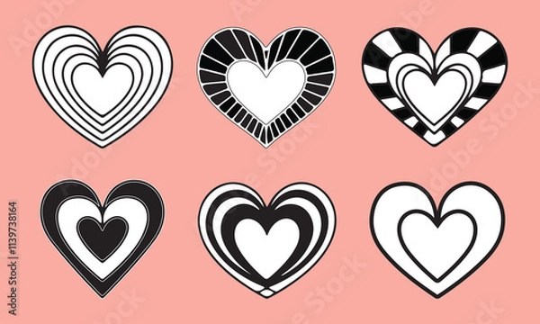Fototapeta Hearts. Vector stilyzed black and white hearts set, isolated on white background. Symbols, signs flat icons. Love, valentine icon collection.