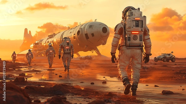 Fototapeta Astronaut walkat sunset. 3D rendering.