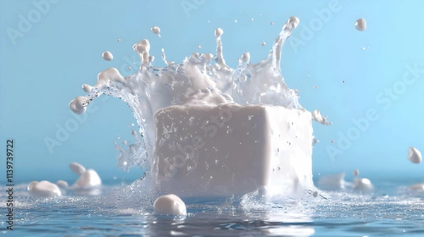 Fototapeta 3D Render of Milk Cube Splashing