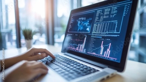 Fototapeta Young Professional Working Remotely on Data Analysis with AI Tools