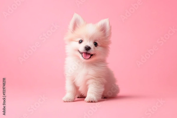 Fototapeta Portraite of cute fluffy puppy sitting on a pink background. Free space for text.