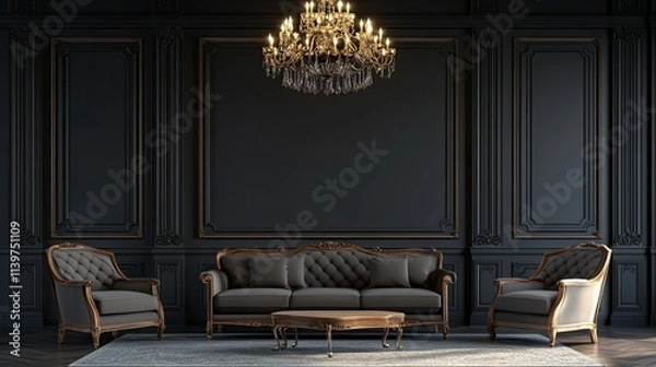 Obraz Elegant Dark Interior Design: A Luxurious Living Room with Classic Furniture and Crystal Chandelier