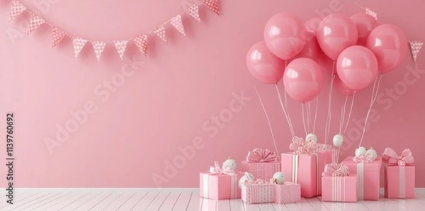 Fototapeta 3D rendering of a pink birthday background with balloons.