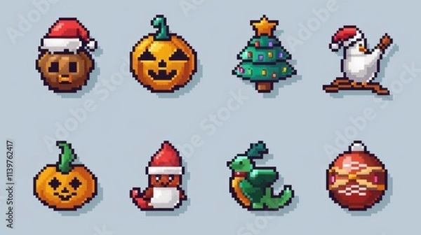 Fototapeta Design a set of pixel-style holiday icons, featuring symbols for Christmas, Halloween, Easter, and Valentine's Day. 
