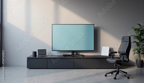 Fototapeta 3D TV in stylish office setting with modern desk and ergonomic chair