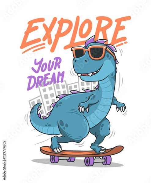 Obraz Cute Dinosaur Ride Skateboard Hand Drawn Vector Illustration Design