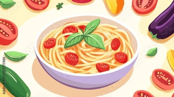 Fototapeta Bowl of spaghetti with cherry tomatoes and basil, surrounded by fresh vegetables.