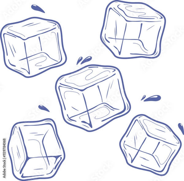 Fototapeta Ice cube collection. Cold drink melted ice cubes sketch symbol on white background. Hand drawn ink stroke drawing. Vector illustration.